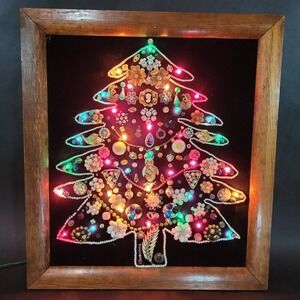 Vintage Christmas Brooch Trees Framed With Christmas Lights Hand Made 17x15